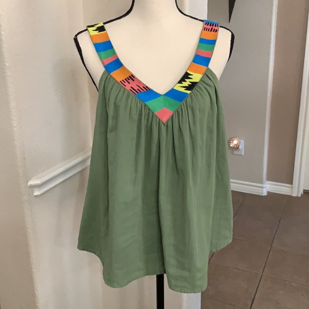 Christophe Sauvat olive green Aztec gauze top MED